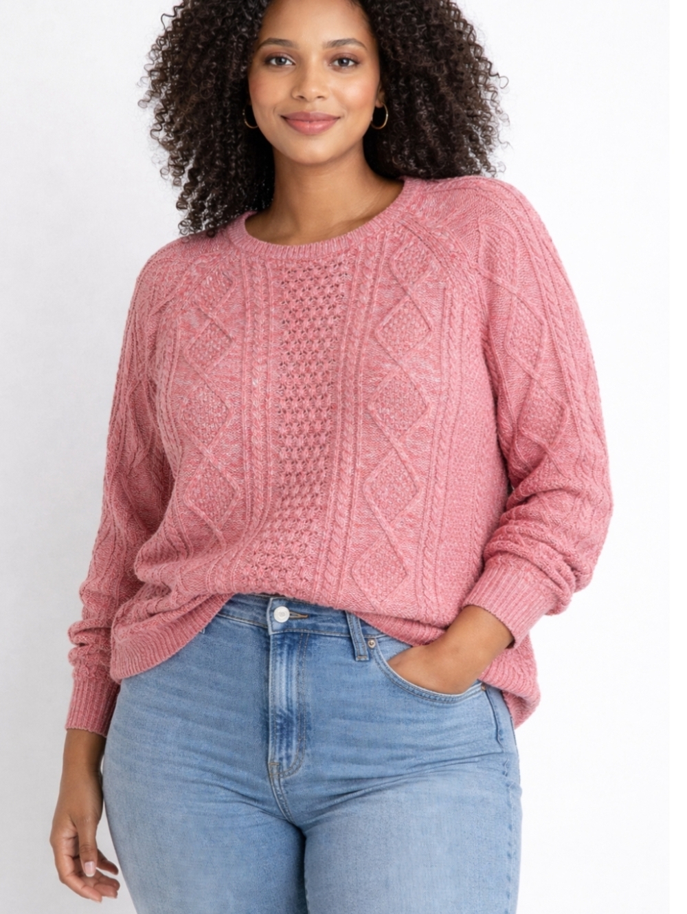 GAP Aran Cable Knit Sweater XL Pink Marled Cotton Fisherman Cozy Cottagecore